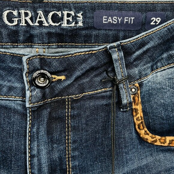 NWT Grace in LA Women Dark Wash Leopard Print Detail Flare Stretch Jeans Size 29 - Picture 10 of 12